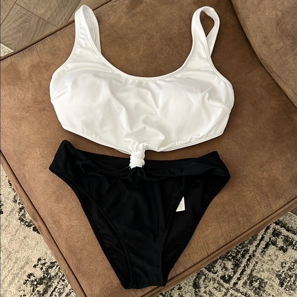 White & Black Knot-Front Bikini Set - Women Swim